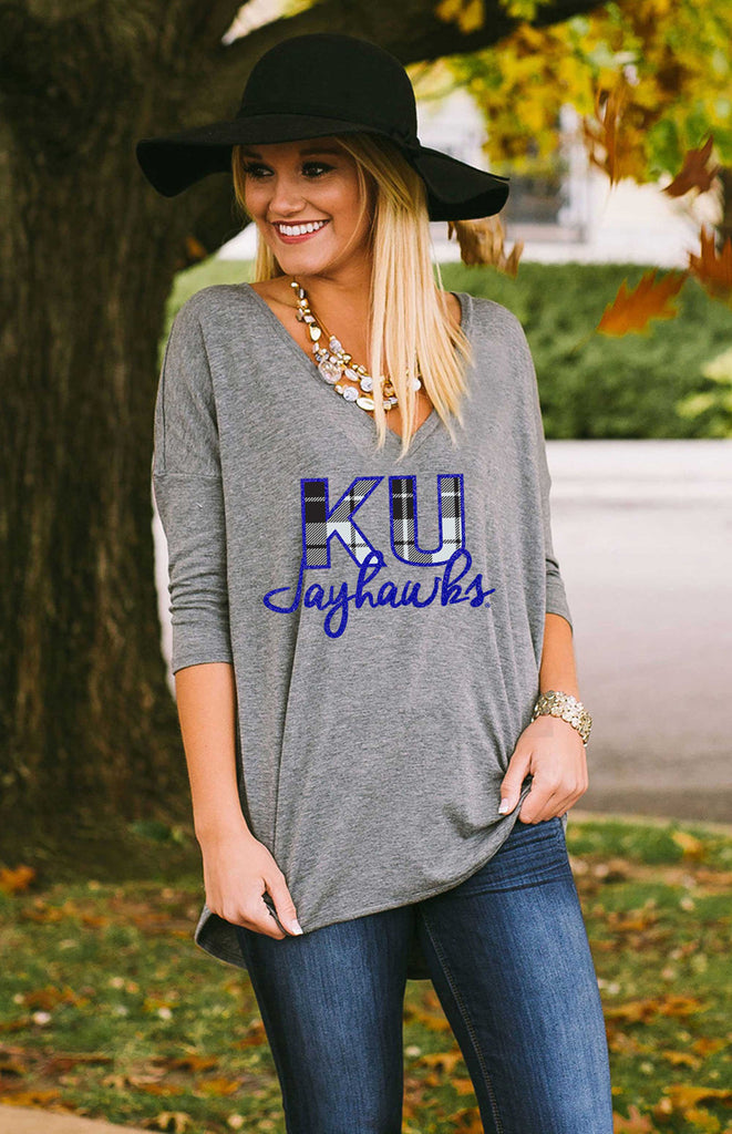 University of Kansas Dropped Hem V-Neck Tee