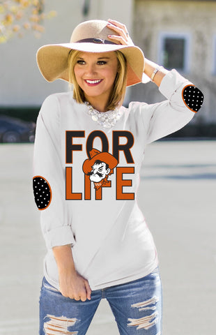 OKLAHOMA STATE 'FAN FOR LIFE' ELBOW PATCH TEE WHITE