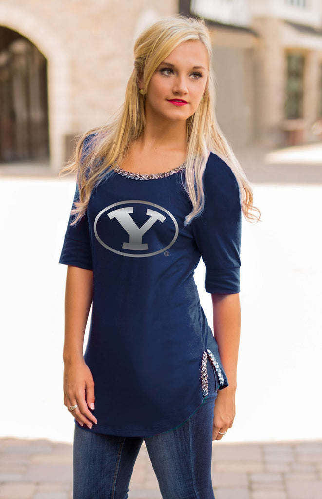 BYU "On with the Show" Scoop Neck Beaded Trim Tee