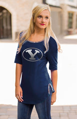 BYU "On with the Show" Scoop Neck Beaded Trim Tee
