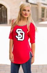 South Dakota "On with the Show" Scoop Neck Beaded Trim Tee