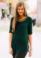 "On with the Show" Scoop Neck Beaded Trim Tee in Dark Green