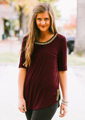 "On with the Show" Scoop Neck Beaded Trim Tee in Maroon