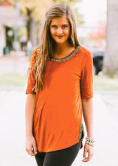 "On with the Show" Scoop Neck Beaded Trim Tee in Orange