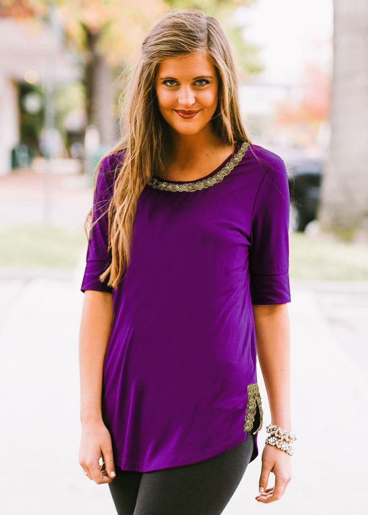 "On with the Show" Scoop Neck Beaded Trim Tee in Purple