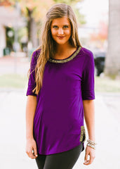 "On with the Show" Scoop Neck Beaded Trim Tee in Purple