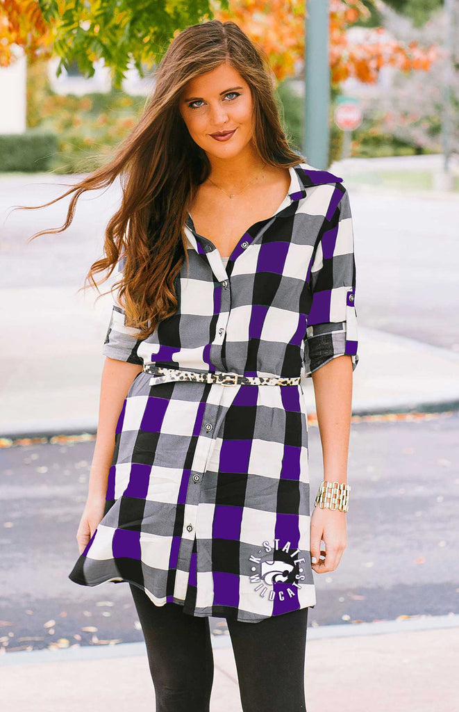 Kansas State "Just Checkin" Plaid and Leopard Belted Dress