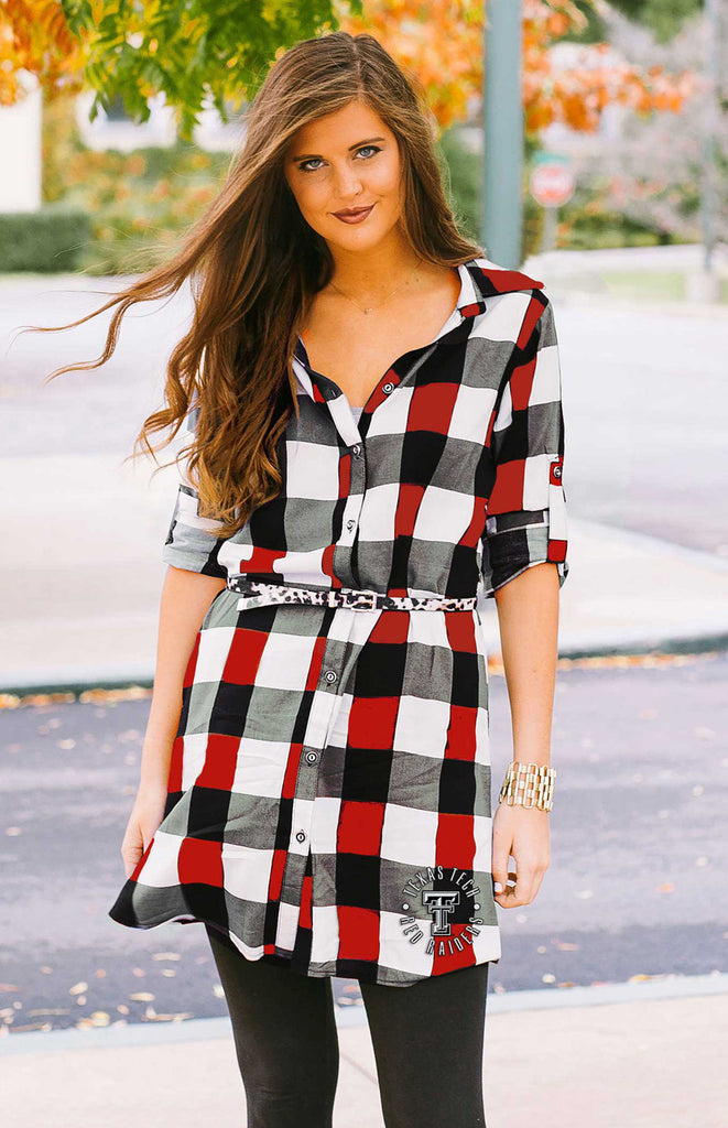 Texas Tech "Just Checkin" Plaid and Leopard Belted Dress