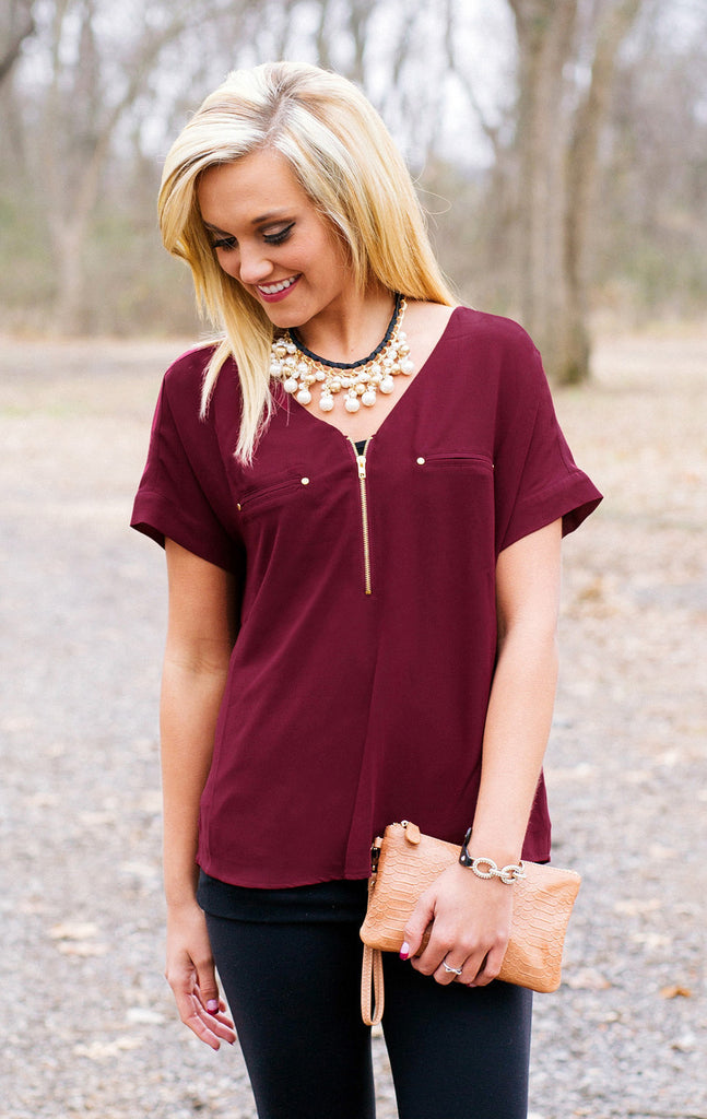 Burgundy Chiffon Zipper Blouse