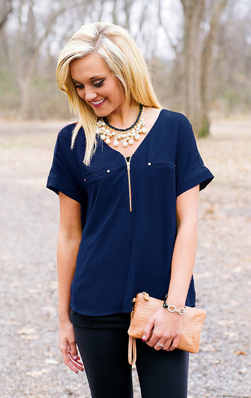 Navy Chiffon Zipper Blouse