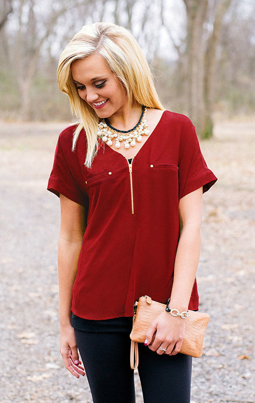 Red Chiffon Zipper Blouse
